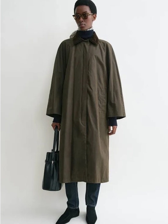 Toteme Jackets & Blazers - Toteme Faux Olive Green Long Country Coat with Brown Collar